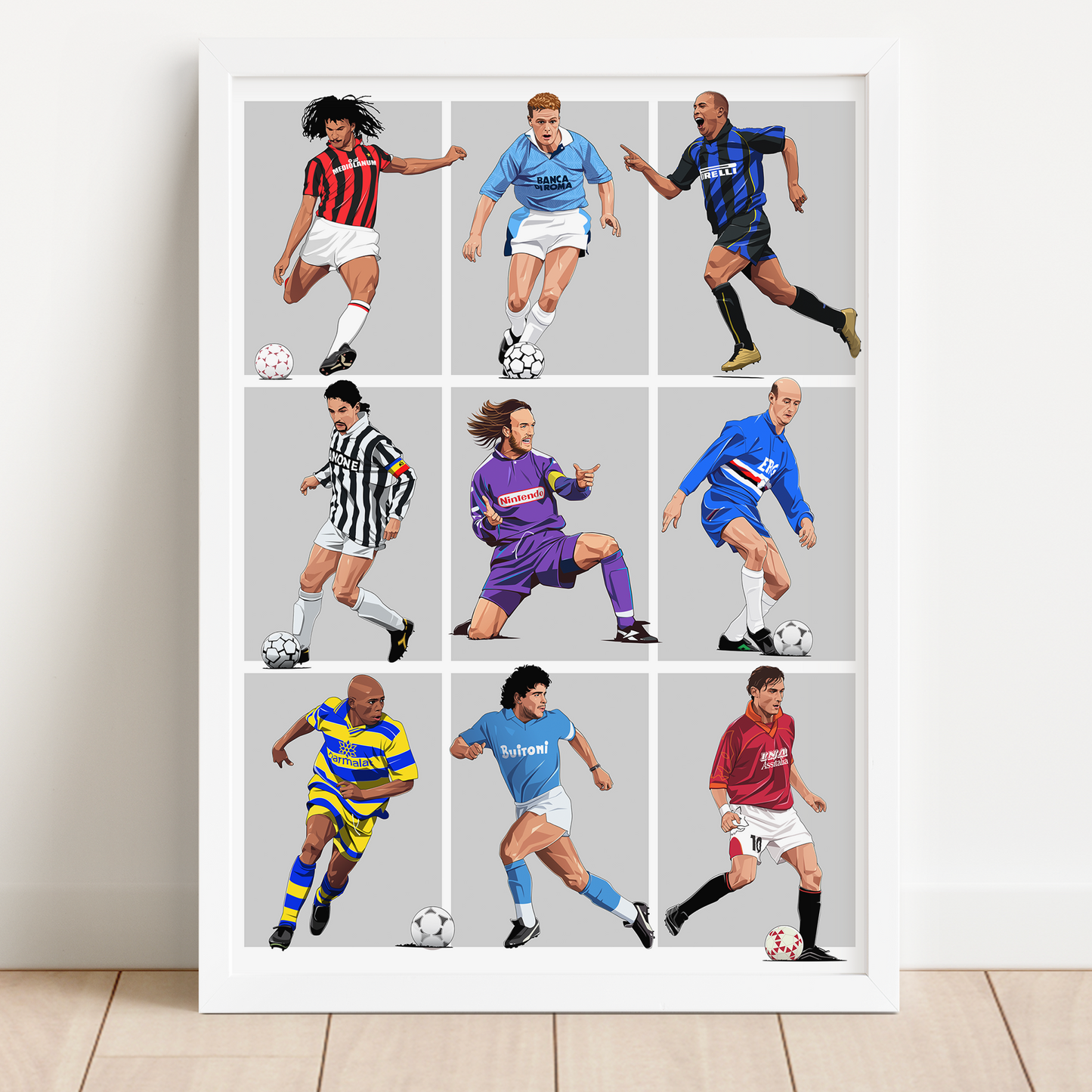 90s Serie A Players Print - Gullit, Gascoigne, Ronaldo, Baggio, Batistuta, Lombardo, Asprilla, Maradona, Totti