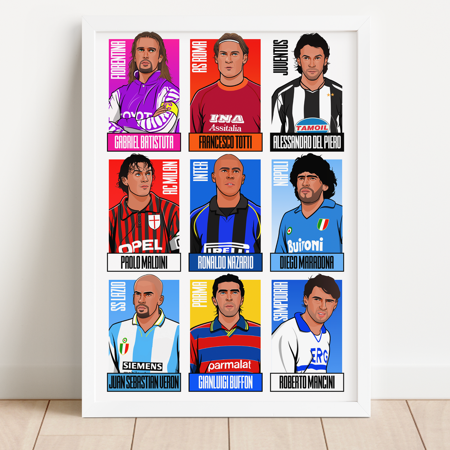 90s Serie A Players Print - Batistuta, Totti, Del Piero, Maldini, Ronaldo, Maradona, Veron, Buffon & Mancini