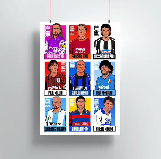 90s Serie A Players Print - Batistuta, Totti, Del Piero, Maldini, Ronaldo, Maradona, Veron, Buffon & Mancini