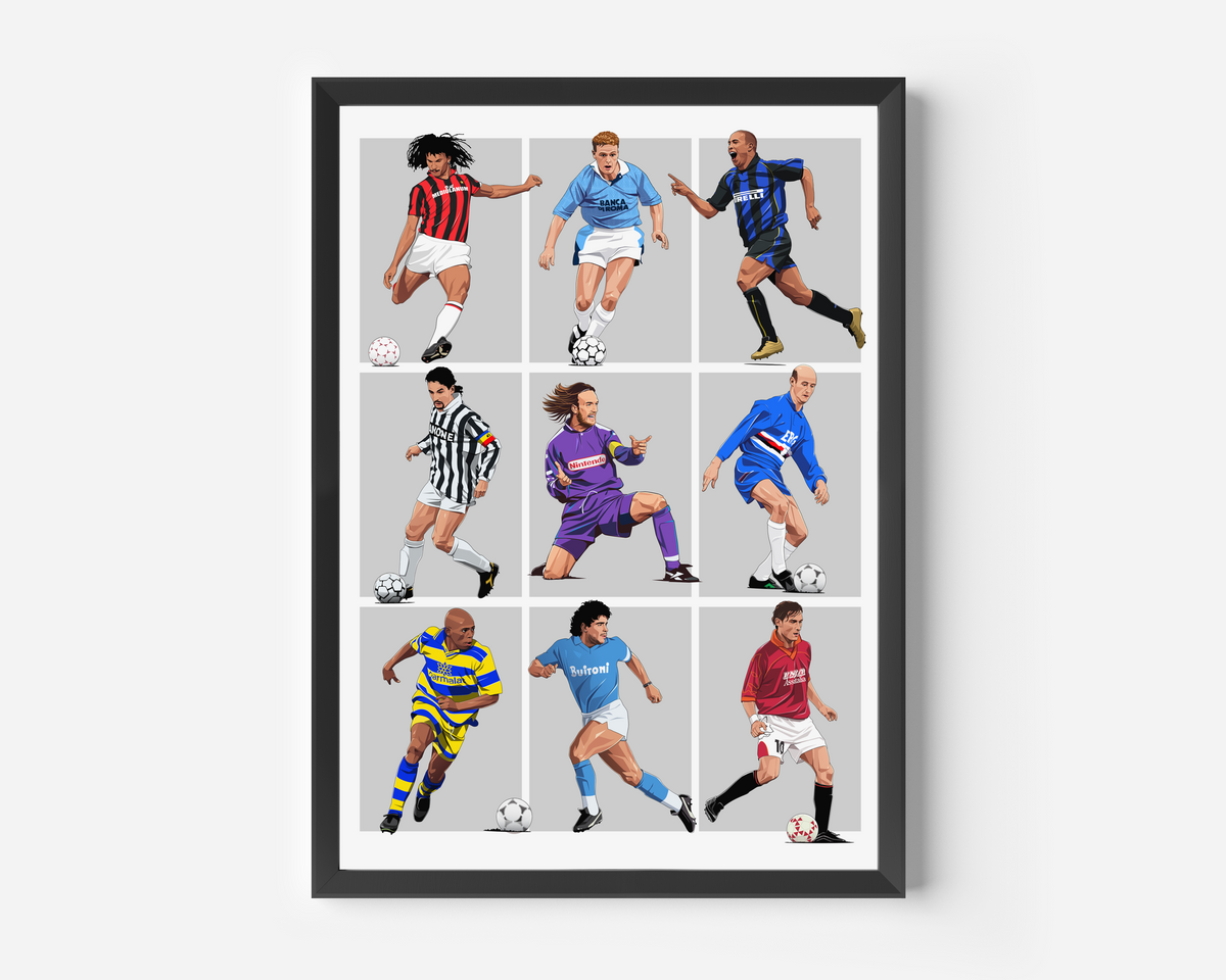 90s Serie A Players Print - Gullit, Gascoigne, Ronaldo, Baggio, Batistuta, Lombardo, Asprilla, Maradona, Totti