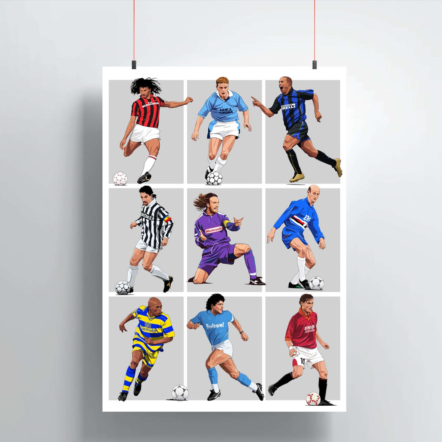 90s Serie A Players Print - Gullit, Gascoigne, Ronaldo, Baggio, Batistuta, Lombardo, Asprilla, Maradona, Totti