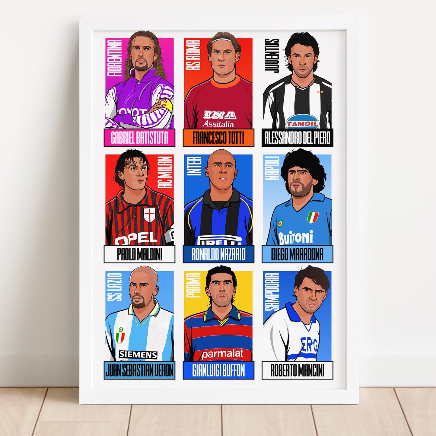 90s Serie A Players Print - Batistuta, Totti, Del Piero, Maldini, Ronaldo, Maradona, Veron, Buffon, Mancini